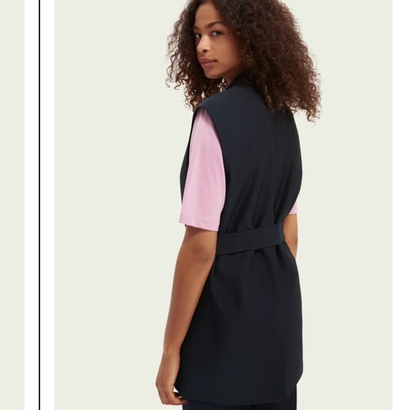 New Scotch & Soda Navy Herringbone Long Men’s Wear Vest with Gold and Belt - Picture 13 of 16